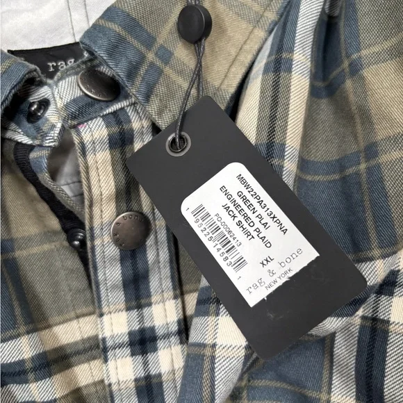 NWT Rag‎ & Bone Men's XXL Green Plaid Engineered Jack Snap Flannel